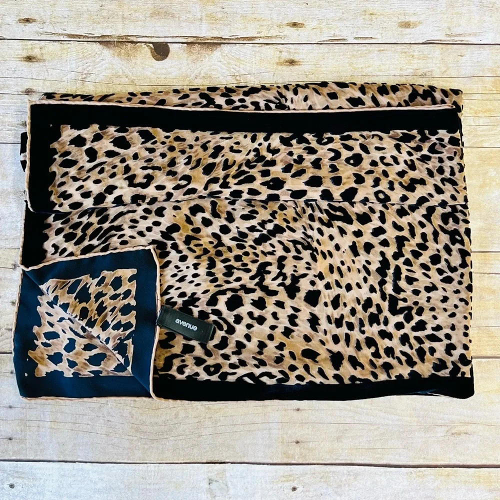 Avenue Leopard Print Scarf Silk Rayon Blend Black Tan Animal Print Wrap‎ Scarf